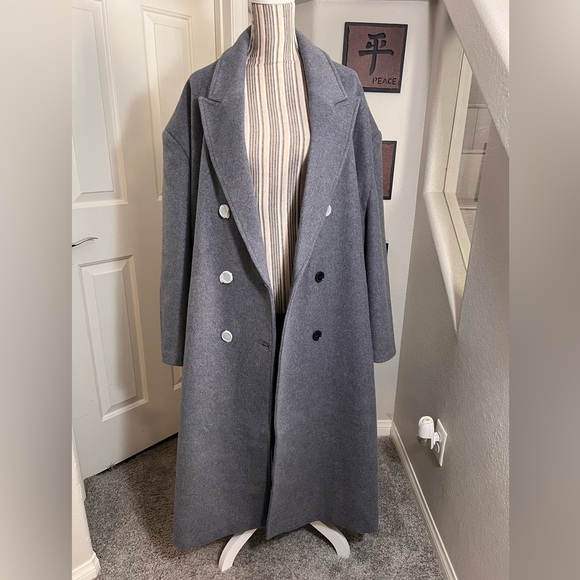 BOOHOO NWT Oversized gray Wool blend double breast trench coat jacket size 14 - Picture 13 of 14